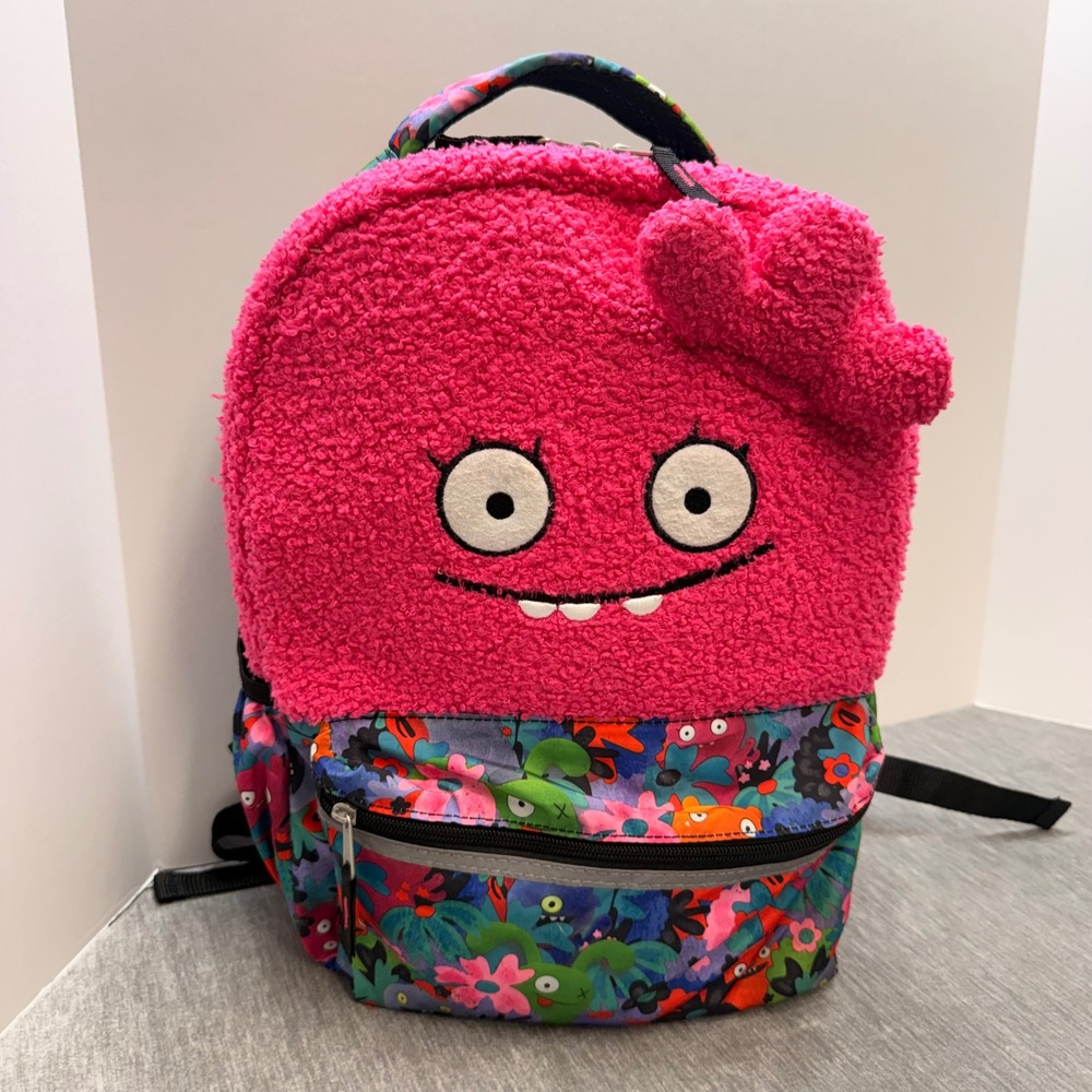 UglyDolls Moxy Pink Sherpa Plush Backpack Kids Floral Monster Print Bookbag